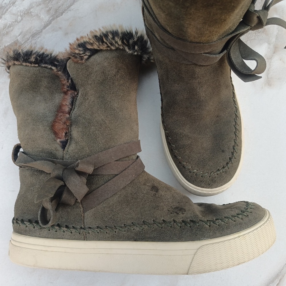 Toms Vista Shearling Fur Lined Sneaker Boots Mid Calf Olive Women's Size 6.5